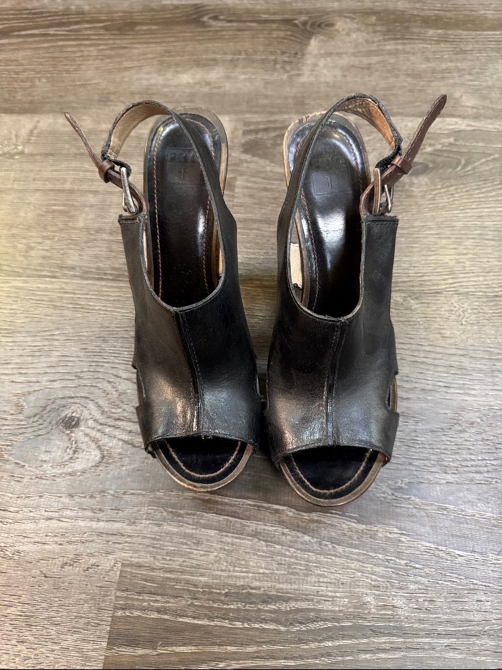 Frye Black Leather Peep-Toe Slingback Clogs